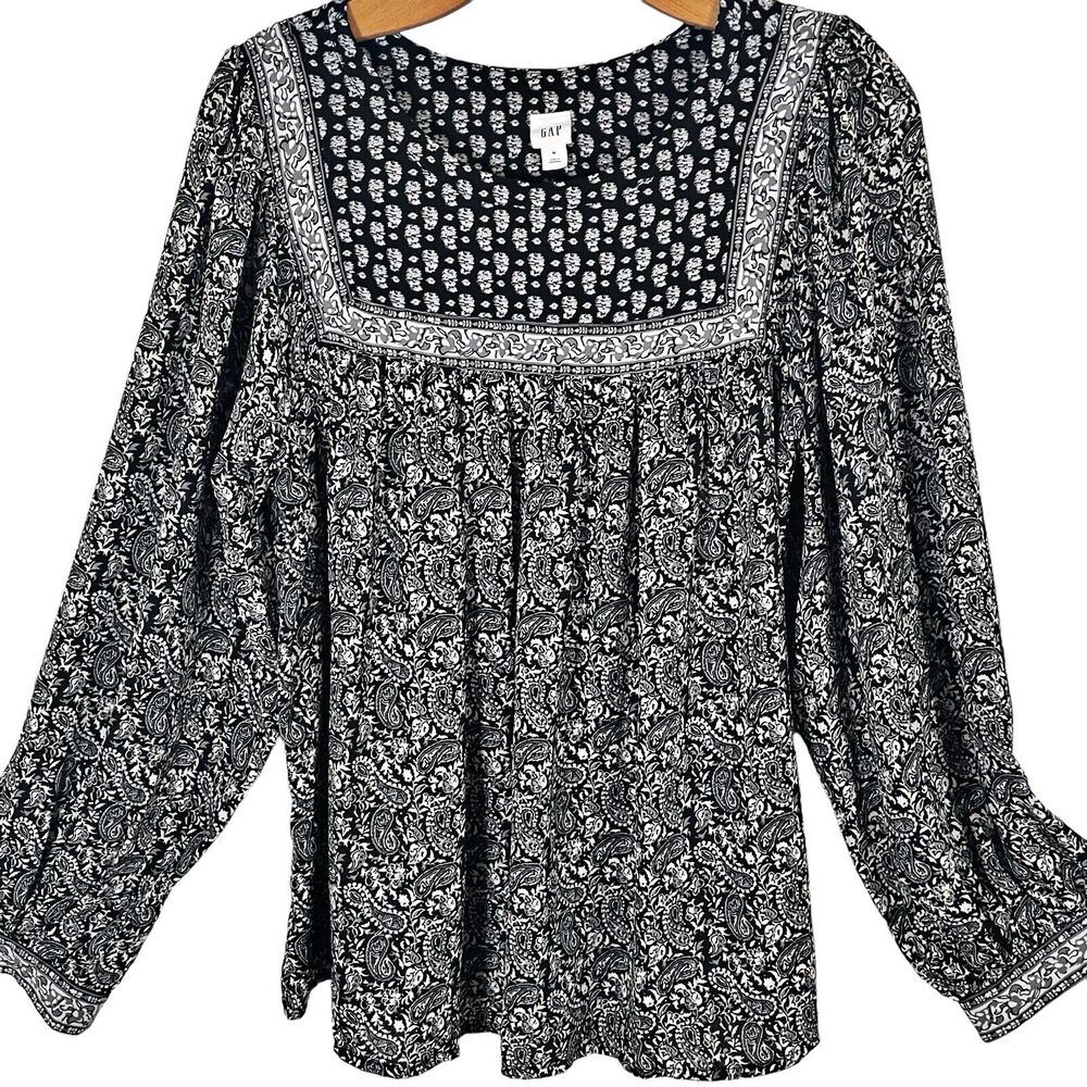Gap Blouse Black and White Paisley‎ Sz M Peasant Top Long Sleeve Balloon Sleeves